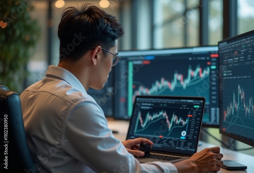 A trader sits at a desk in a modern office, analyzing stock market data on multiple computer screens. The atmosphere is focused and intense, reflecting the fast-paced nature of trading.