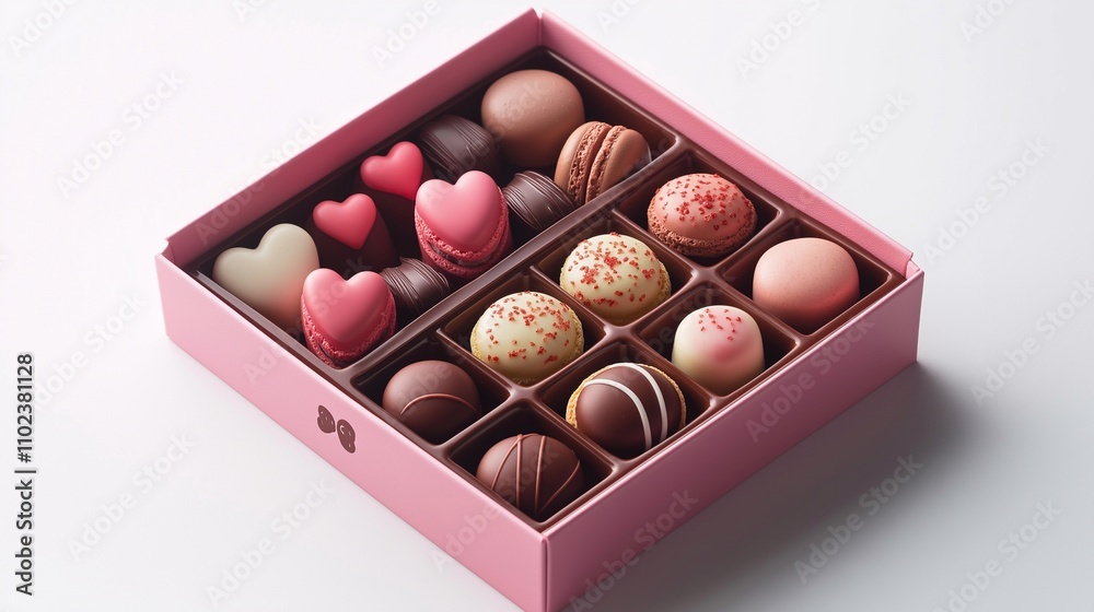 A Valentine’s Day box of chocolates and macarons in soft pink colours with heart motifs. The adds a romantic and elegant touch, love and celebration. Festive sweets as a present for lovers A Valentine’s Day box of chocolates and macarons in soft pink colours with heart motifs. The adds a romantic and elegant touch, love and celebration. Festive sweets as a present for lovers