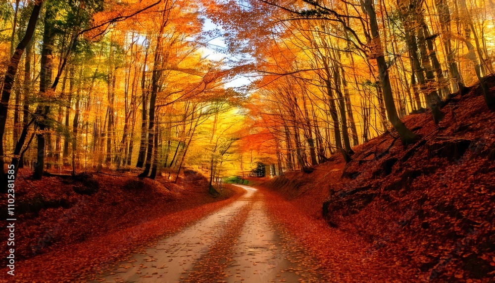 Fototapeta premium A dirt road through a vibrant forest of autumn trees showcases the beauty of fall leaves 
