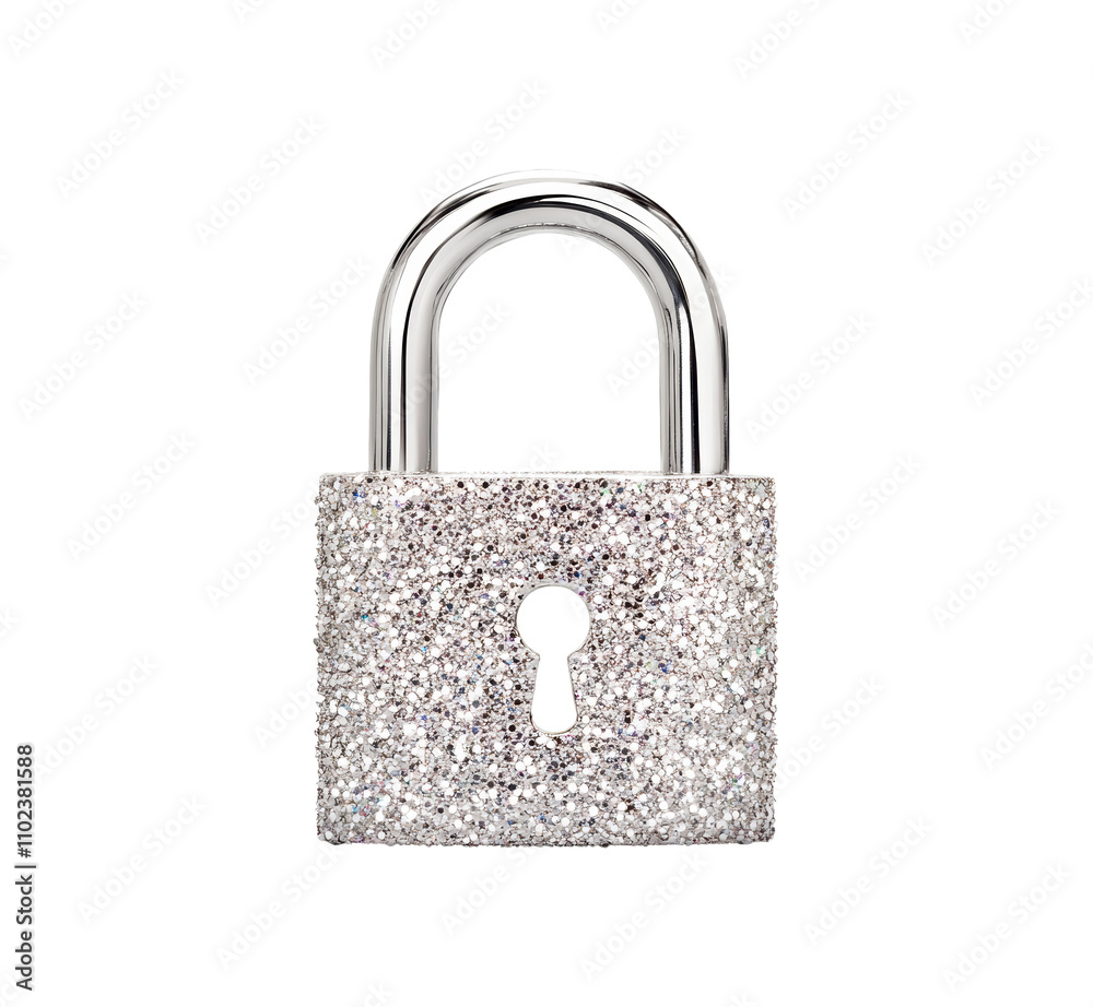 Fototapeta premium A sparkling silver padlock adorned with shimmering glitter, combining elegance and security in a stylish design. PNG on a transparent background.