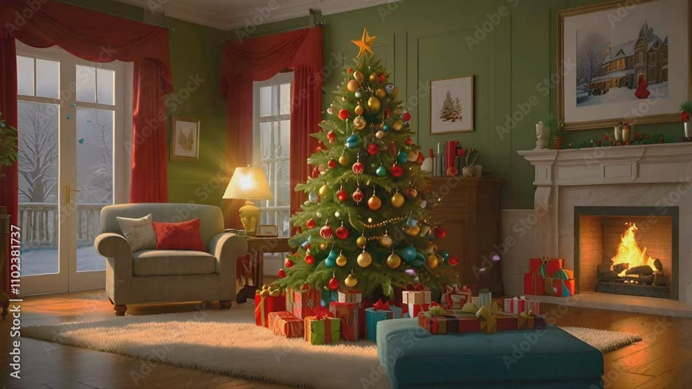 minimalist Christmas decorations in a room with a smoke stove heating the room