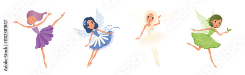 Cute Fairy Girl Flying with Light Wings in Pretty Dress Vector Set