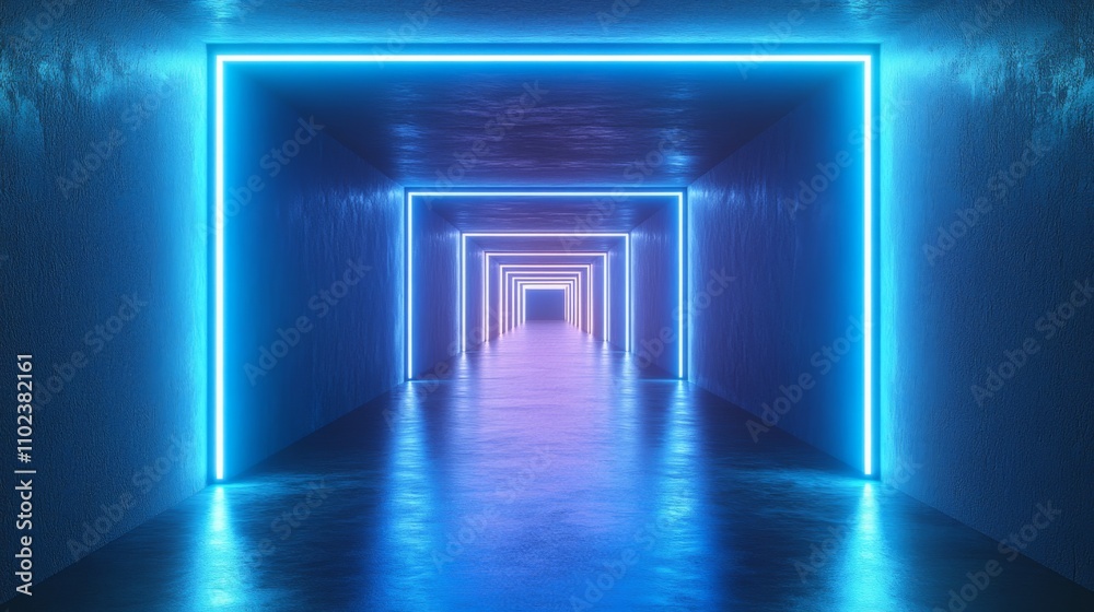 Futuristic hallway illuminated by vibrant blue neon lights and symmetrical design Futuristic hallway illuminated by vibrant blue neon lights and symmetrical design
