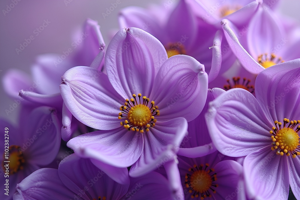 Close-up of purple flowers showcasing their intricate patterns and textures, enhanced by a soft background blur Close-up of purple flowers showcasing their intricate patterns and textures, enhanced by a soft background blur