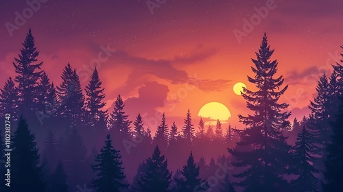 A stunning sunset casting warm golden hues through the trees in a peaceful forest, creating a tranquil evening scene. 