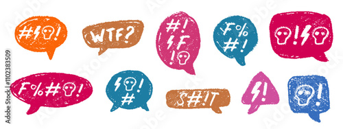 Crayon Speech Bubbles with Abstract Swear Words Vector Set. Chalk Scribble Talking Clouds Collection. Hand Drawn Rude Curse Angry Expressions. Pencil Emphasis Elements Charcoal Doodle Talk Balloons