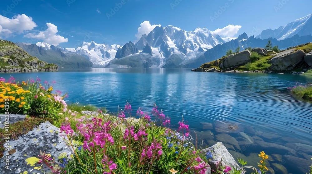A tranquil mountain lake reflecting towering peaks, surrounded by lush greenery and a peaceful, serene atmosphere.
A tranquil mountain lake reflecting towering peaks, surrounded by lush greenery and a peaceful, serene atmosphere.