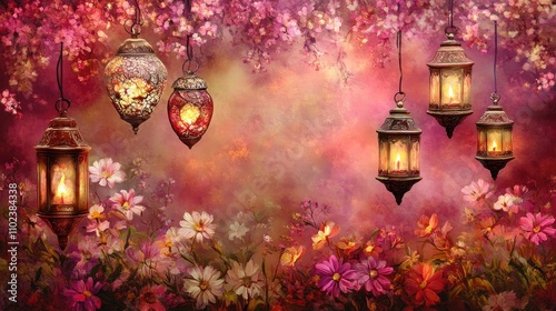Enchanting floral scene with hanging lanterns glowing in a magical garden.