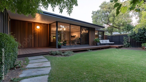 Wallpaper Mural Modern house with wooden facade, large windows, and a spacious deck overlooking a manicured lawn. Torontodigital.ca