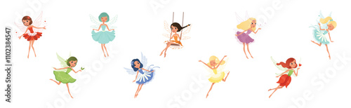 Cute Fairy Girl Flying with Light Wings in Pretty Dress Vector Set