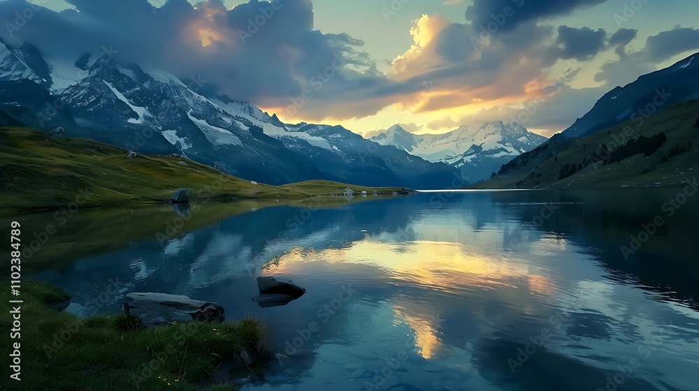 Sunrise over the mountains and lake, with golden light reflecting off the calm water and illuminating the towering peaks. Sunrise over the mountains and lake, with golden light reflecting off the calm water and illuminating the towering peaks.