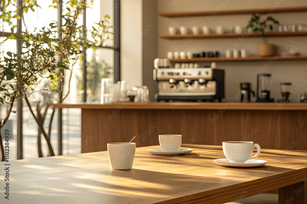 Cozy Minimalist Coffee Shop Ambiance with Wooden Table and Soft Lighting Cozy Minimalist Coffee Shop Ambiance with Wooden Table and Soft Lighting