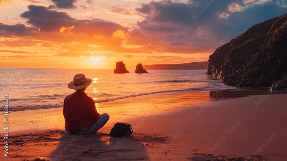 A calm person gazes at a stunning sunset on a tranquil beach with rock formations in the distance. Peaceful vibes surround this serene moment. A calm person gazes at a stunning sunset on a tranquil beach with rock formations in the distance. Peaceful vibes surround this serene moment.