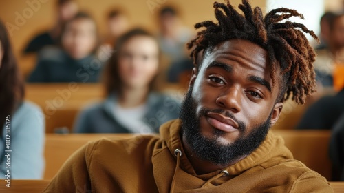 A thoughtful student looks introspective in a lecture hall, surrounded by peers in soft focus, epitomizing deep learning and the pursuit of knowledge in academia. photo