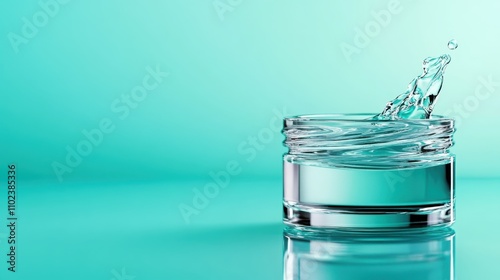 A dynamic splash of water captured mid-air in a clear glass, set against a teal background, highlights energy and freshness, symbolizing vitality and purity.