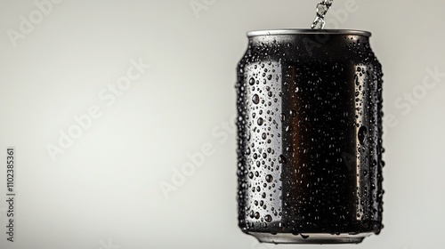 Close-up of a cold, dark-colored beverage can covered in condensation. The water droplets glisten against the sleek metallic surface. photo