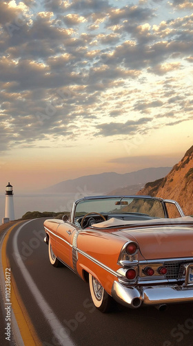 A classic convertible car parked on a scenic coastal road with a lighthouse in the background during sunset