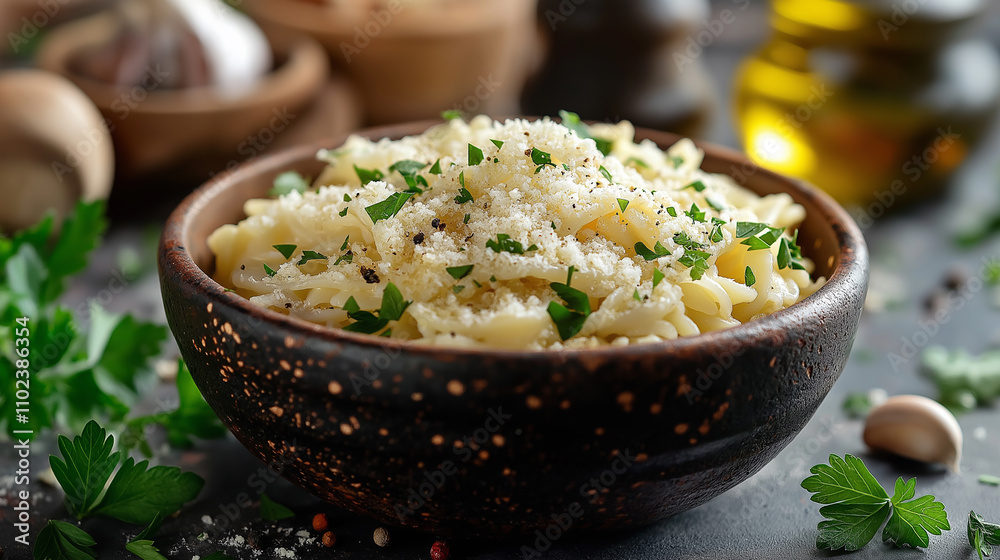 A deep bowl filled with fresh pasta topped with grated cheese and herbs, set on a rustic kitchen table with ingredients in the background A deep bowl filled with fresh pasta topped with grated cheese and herbs, set on a rustic kitchen table with ingredients in the background