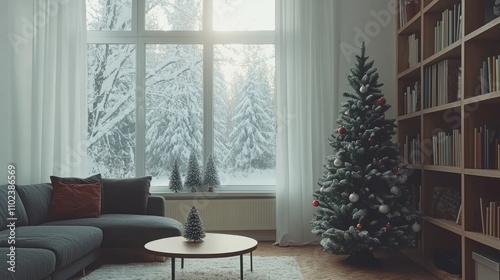 Christmas tree with white garland and toy balls decorated in skandinavian style. photo