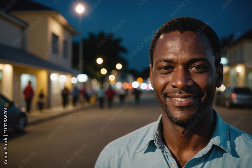 Close portrait of a smiling 40s Barbadian man looking at the camera, Barbadian city outdoors at night blurred background Close portrait of a smiling 40s Barbadian man looking at the camera, Barbadian city outdoors at night blurred background