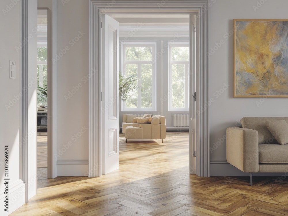 Fototapeta premium Inviting interior mockup with tropical plant and rustic seating