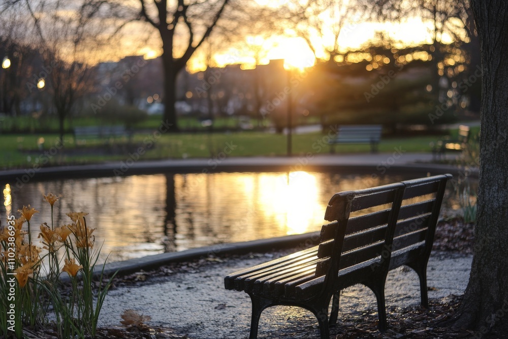 A quiet morning scene captures a park bench beside a still pond, bathed in soft sunlight, with daffodils nearby and a peaceful atmosphere enveloping the park. A quiet morning scene captures a park bench beside a still pond, bathed in soft sunlight, with daffodils nearby and a peaceful atmosphere enveloping the park.
