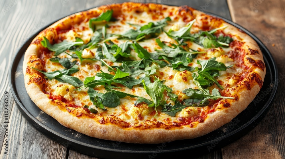 A minimalistic stock photo of a seasonal pizza topped with fresh greens on a wooden table A minimalistic stock photo of a seasonal pizza topped with fresh greens on a wooden table