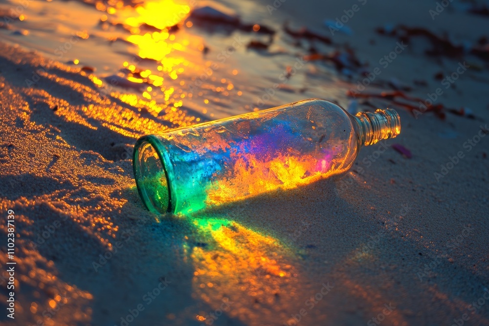 A glass bottle reflects a spectrum of colors as sunlight passes through ...