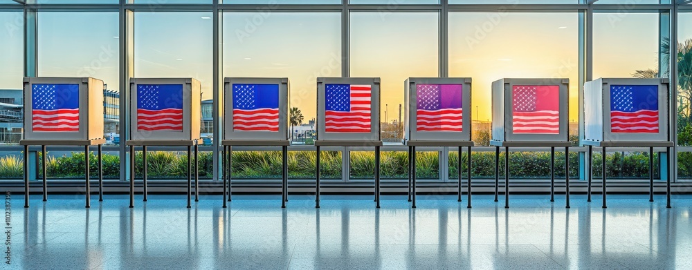 Voting Booths with American Flags at Sunrise in Modern Setting
