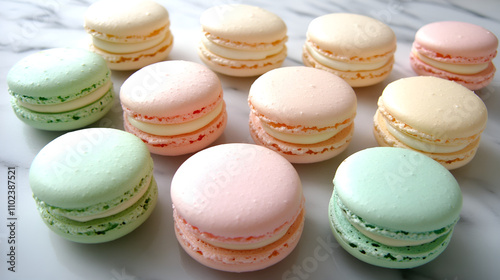 Colorful macarons arranged artistically on a marble surface, delightful dessert and culinary treat