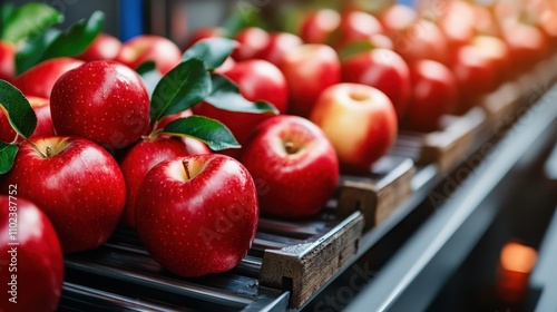 Bright, glossy apples move along a sleek conveyor belt in a state-of-the-art facility, representing precision and the bountiful beauty of nature's produce. photo