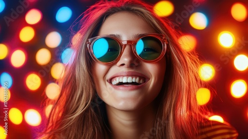 A joyful woman smiles widely while wearing stylish sunglasses. She is surrounded by vibrant, colorful lights, creating a lively and energetic atmosphere.