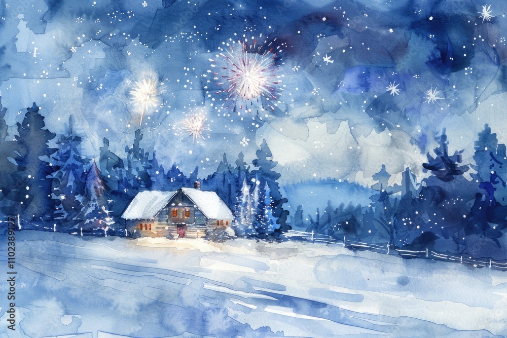 Beautiful winter night landscape with fireworks, snow-covered cabin, forest, starry sky, serene holiday scene, festive atmosphere, celebration concept Beautiful winter night landscape with fireworks, snow-covered cabin, forest, starry sky, serene holiday scene, festive atmosphere, celebration concept
