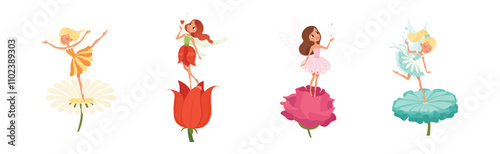 Cute Fairy Girl on Flower Flying with Light Wings in Pretty Dress Vector Set