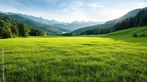 A vast open green field stretching towards distant, majestic mountain peaks, with the gentle slope of hills under a clear sky highlighted by bright sunlight.