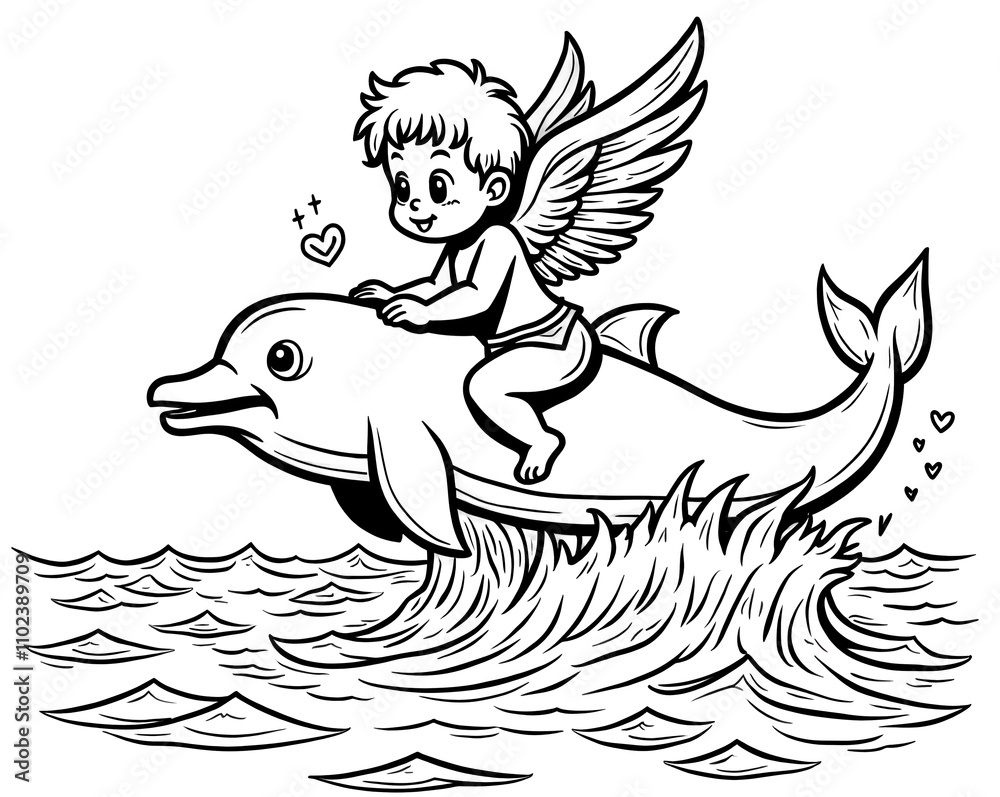 Fototapeta premium Cute Angel Boy Riding Happy Dolphin Coloring Page
