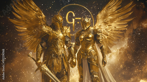 Zodiac sign gemini, heroic golden couple with intricate armor, powerful presence, celestial background. Ecliptic. Illustration