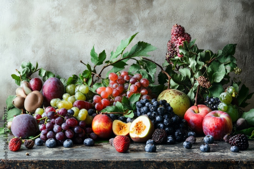 A selection of fresh fruits, including apples, grapes, and berries, artistically arranged against a textured background, showcasing vibrant colors and natural beauty. A selection of fresh fruits, including apples, grapes, and berries, artistically arranged against a textured background, showcasing vibrant colors and natural beauty.