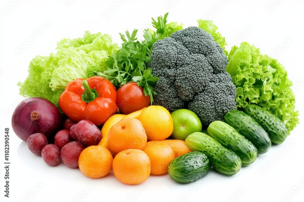 A vibrant arrangement of vegetables including tomatoes, broccoli, leafy greens, peppers, onions, and cucumbers, showcasing the freshness of garden produce. A vibrant arrangement of vegetables including tomatoes, broccoli, leafy greens, peppers, onions, and cucumbers, showcasing the freshness of garden produce.