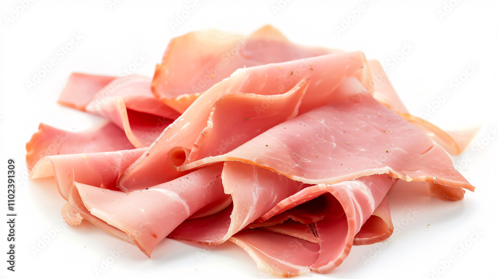 Delicious ham slices isolated on a white background. Delicious ham slices isolated on a white background.
