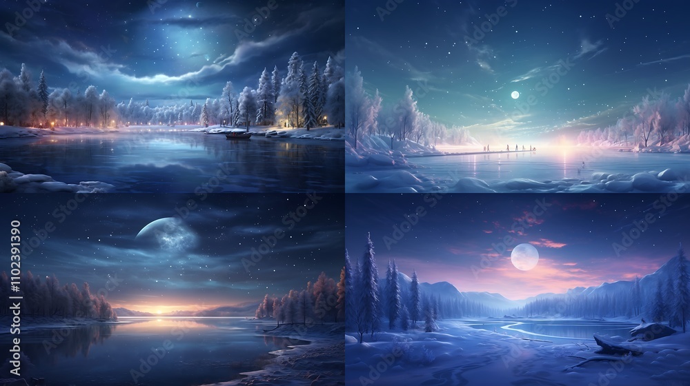 A radiant moon casting a soft glow on a frozen lake, where skaters glide beneath the twinkling lights, creating a magical Christmas scene. A radiant moon casting a soft glow on a frozen lake, where skaters glide beneath the twinkling lights, creating a magical Christmas scene.
