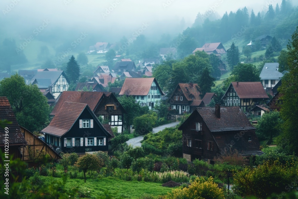 A foggy morning descends upon a quaint village with enchanting wooden houses, capturing a peaceful and serene atmosphere, perfect for a reflective, tranquil experience. A foggy morning descends upon a quaint village with enchanting wooden houses, capturing a peaceful and serene atmosphere, perfect for a reflective, tranquil experience.