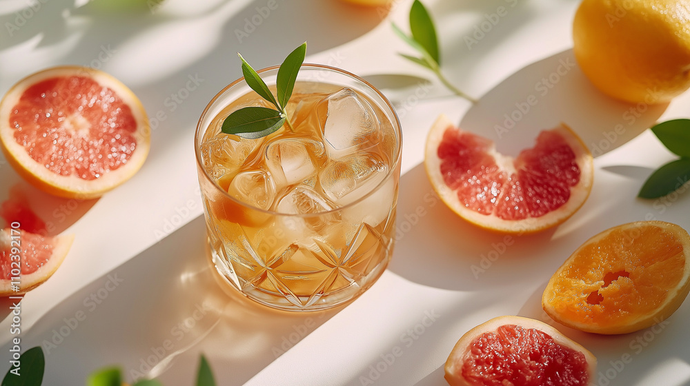 Flat lay of a fruit platter featuring sliced grapefruit and oranges alongside a glass of iced drink garnished with a leaf Flat lay of a fruit platter featuring sliced grapefruit and oranges alongside a glass of iced drink garnished with a leaf