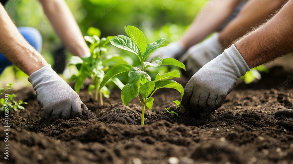 Gardening club members planting young plants in rich soil, wearing gloves and working together in a lush green environment Gardening club members planting young plants in rich soil, wearing gloves and working together in a lush green environment
