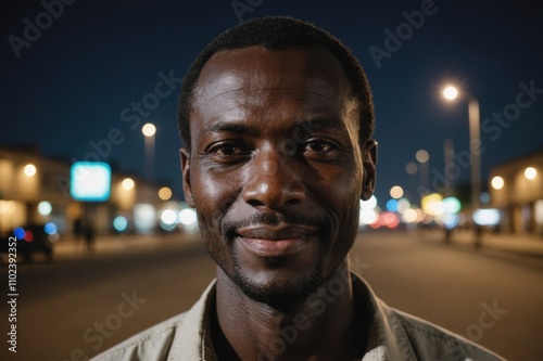 Close portrait of a smiling 40s Chadian man looking at the camera, Chadian city outdoors at night blurred background