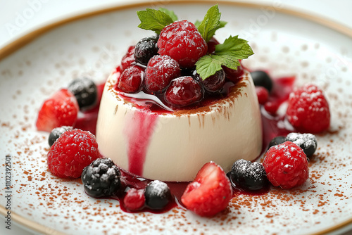 A minimalistic dessert featuring panna cotta topped with mixed berries, raspberry sauce, and mint leaves on a decorative plate