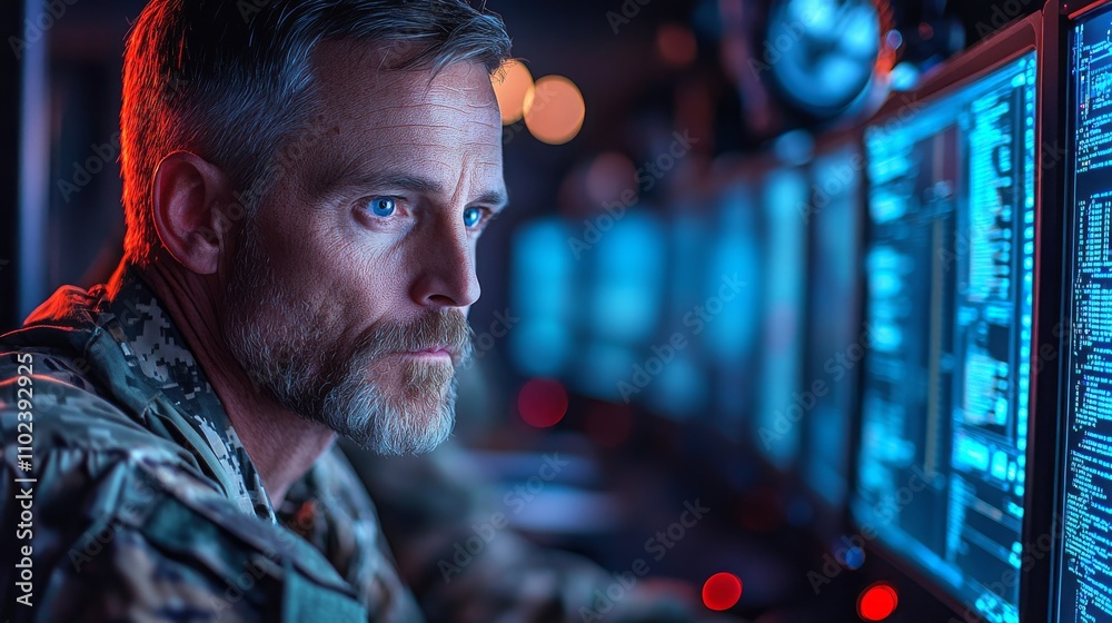 Veteran working diligently in a quiet office cubicle surrounded by multiple computer monitors Veteran working diligently in a quiet office cubicle surrounded by multiple computer monitors