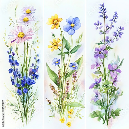 Collection set watercolor wildflowers in soft pastels, including daisies and violets