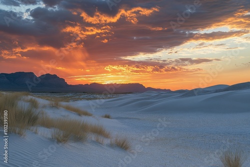 A breathtaking sunset unfolds over undulating desert dunes, with the orange and purple hues of the evening sky capturing a moment of vast, silent beauty. photo