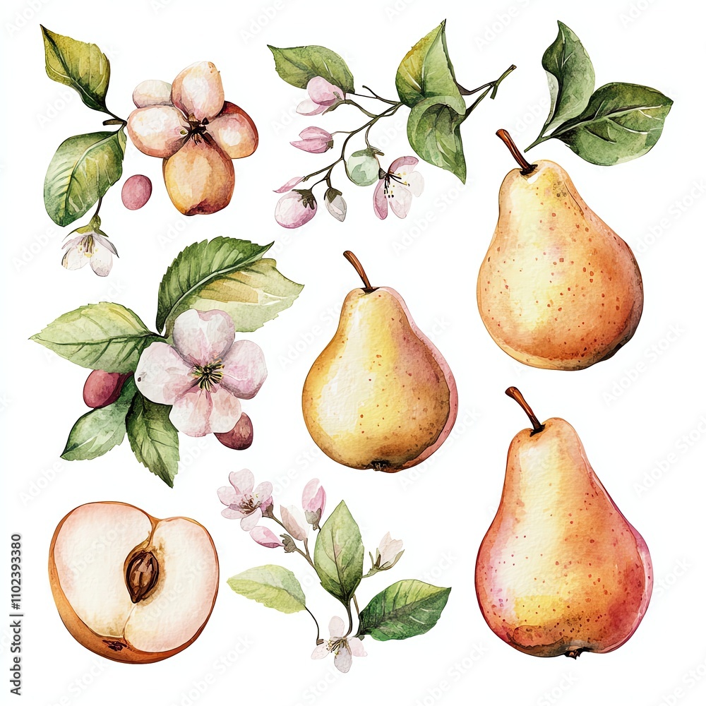 Obraz premium Collection set watercolor pastel pears and apricots with floral spring accents